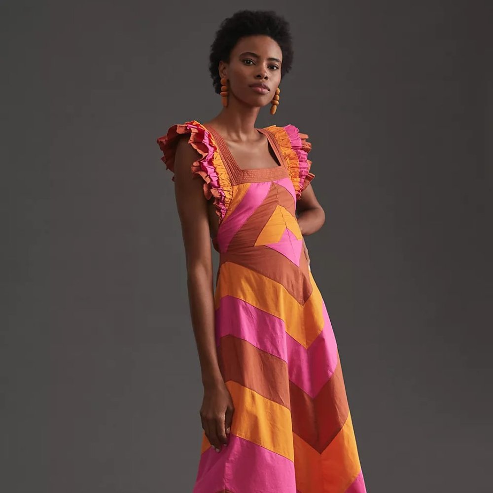 Anthro Love the Label Ruffled Colorblocked Midi L